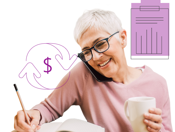 A woman smiles while talking on the phone, surrounded by illustrated icons representing savings and costs